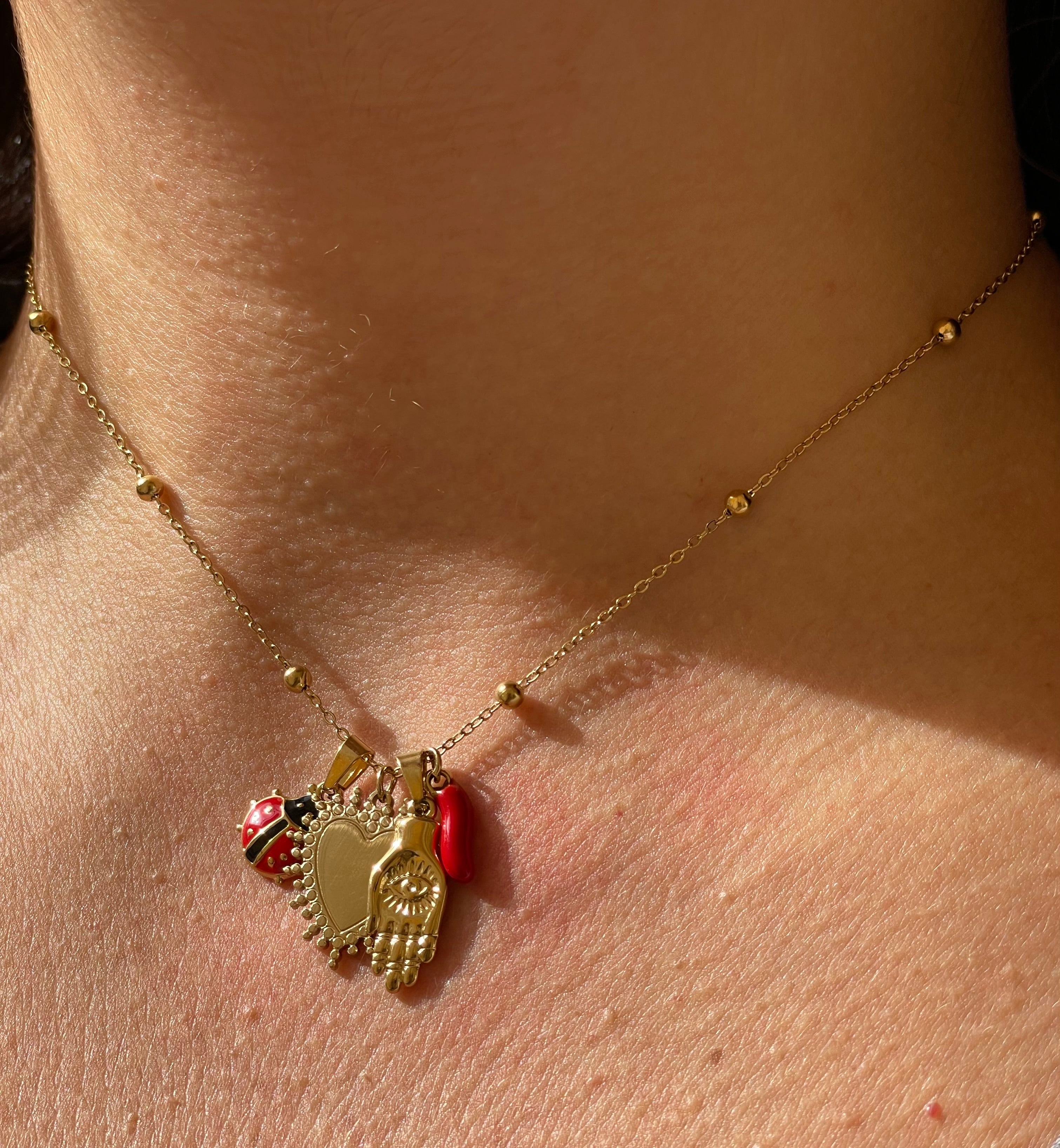 Collana con corno, coccinella, sacro cuore e mano di protezione in 2 colori